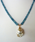 Champagne Baroque Pearl with Inlaid Diamond Dark Aquamarine Necklace…